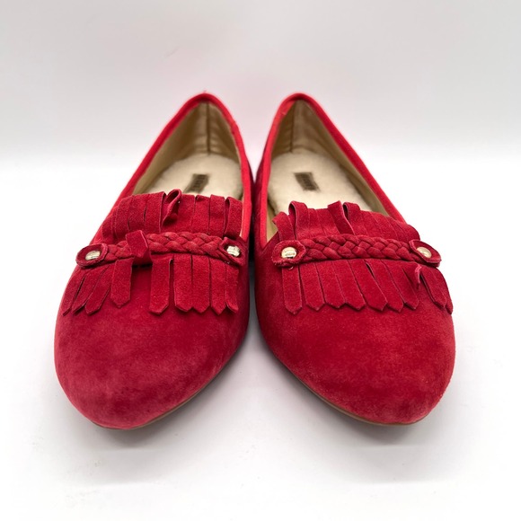 BIRDIES Red Cardinal Suede Flat Womens 9.5 Kiltie Fringe Faux Fur Lined Loafer - Picture 2 of 14